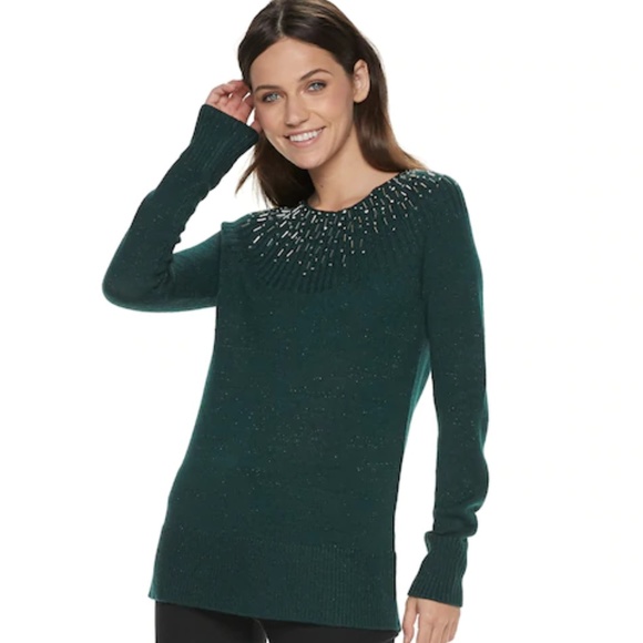 Apt. 9 Embellished Yoke Crewneck Green Sweater NWT - Picture 2 of 2